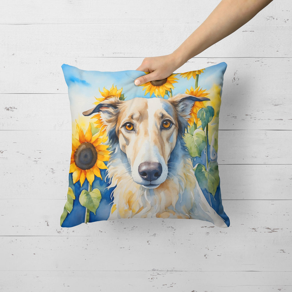 Borzoi in Sunflowers Decorative Throw Pillow 18x18 Indoor Outdoor Accent Cushion, Fabric Cover with Insert for Sofa, Bed, Porch & Living Room
