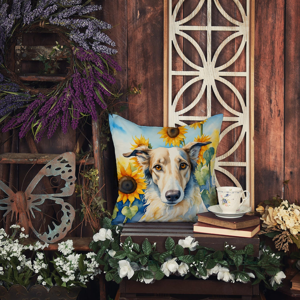 Borzoi in Sunflowers Decorative Throw Pillow 18x18 Indoor Outdoor Accent Cushion, Fabric Cover with Insert for Sofa, Bed, Porch & Living Room