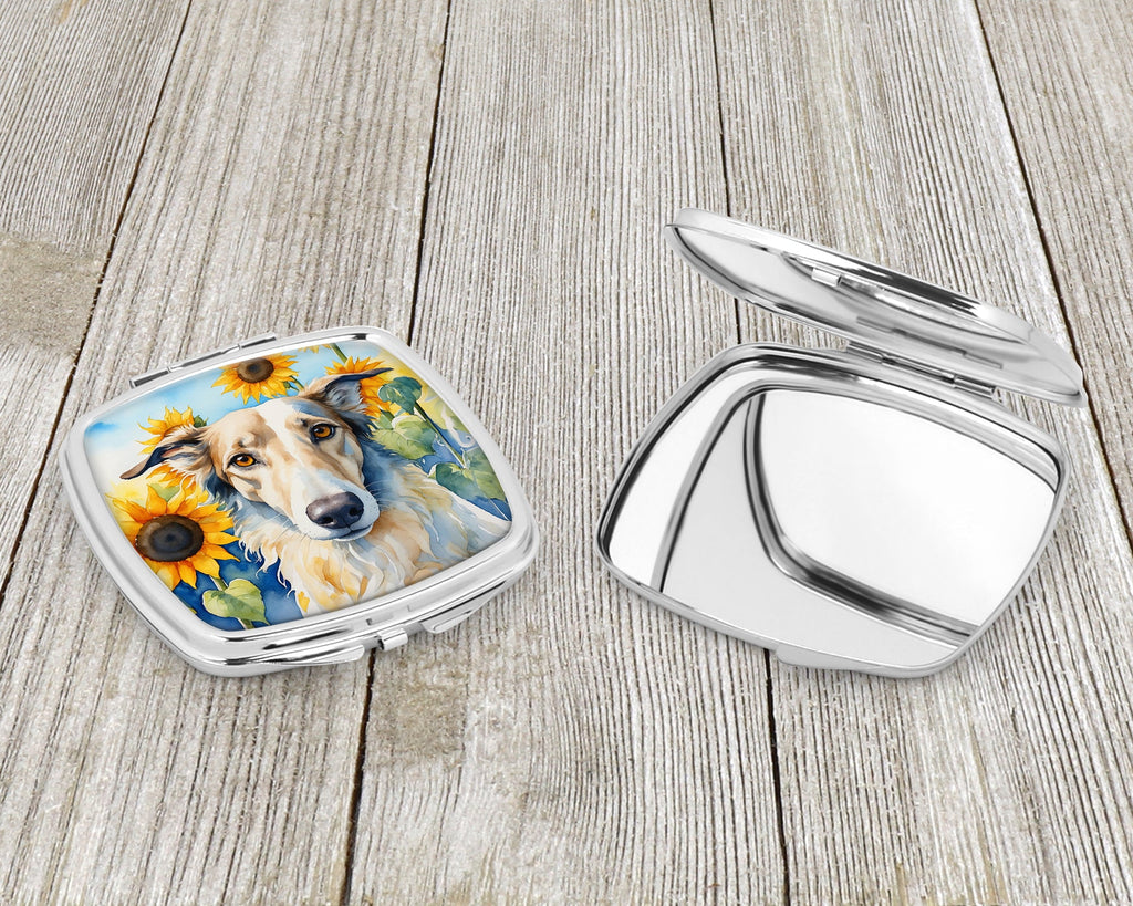 Borzoi in Sunflowers Compact Mirror Decorative Travel Makeup Mirror for Women Girls Gifts Pocket Makeup Mirror Folding Handheld