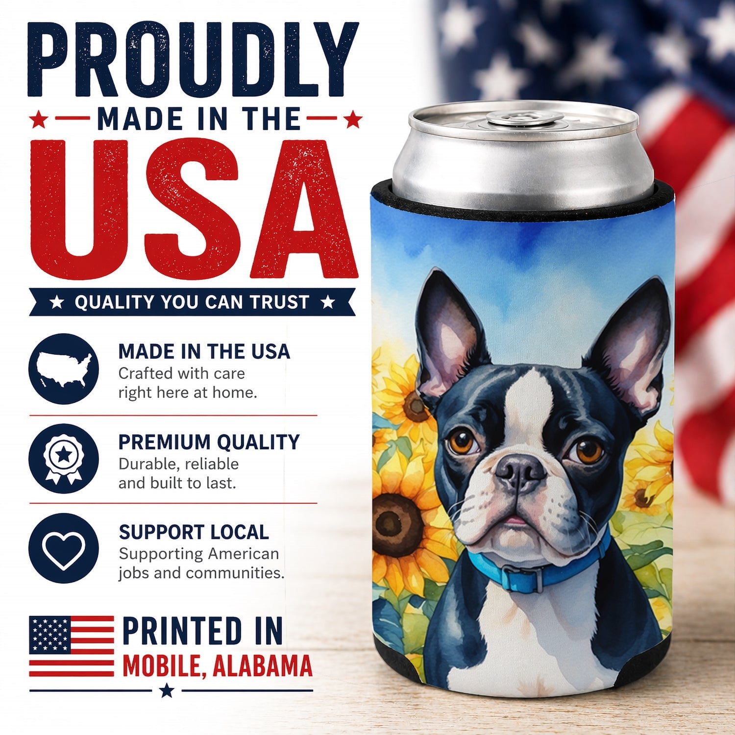 Boston Terrier in Sunflowers Can or Bottle Hugger Cooler Sleeve for Standard 12 oz Cans, Insulated Foam Beer & Soda Can Hugger Reusable