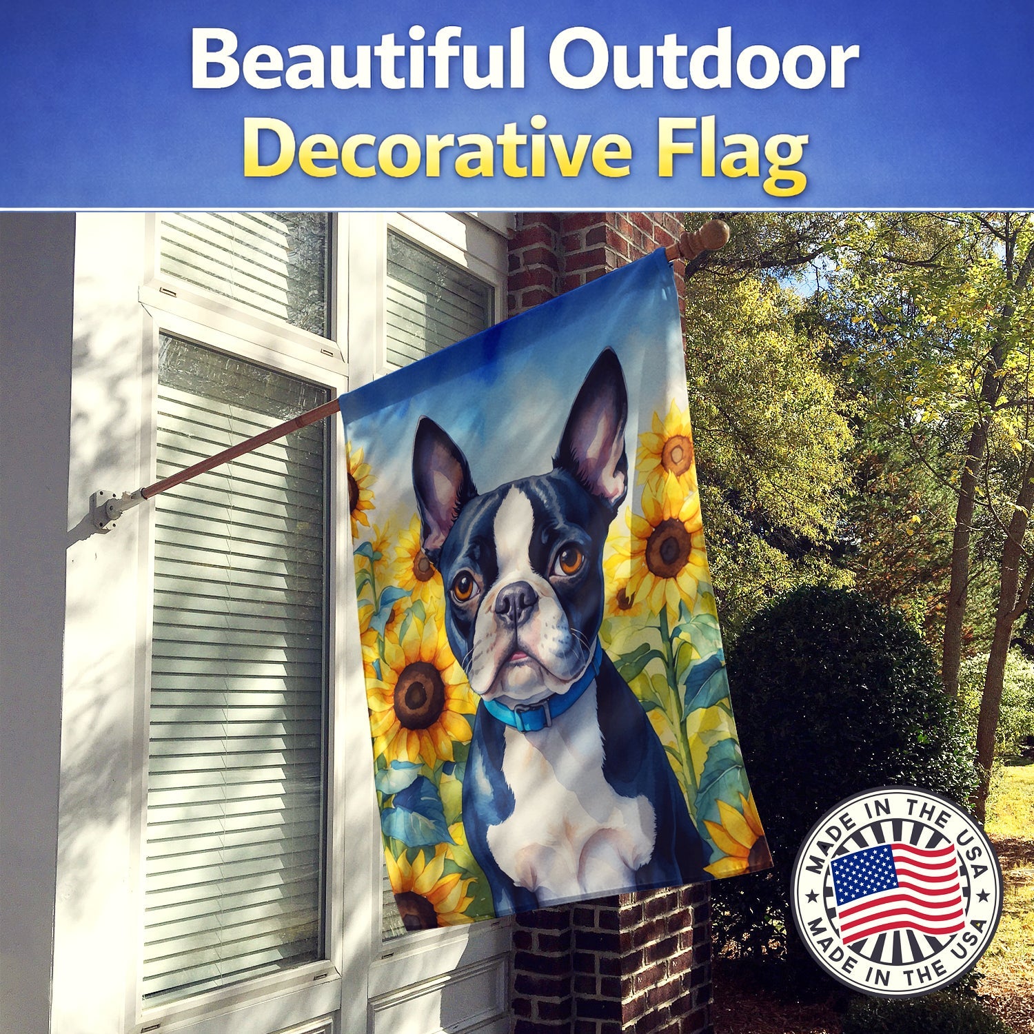 Boston Terrier in Sunflowers House Flag 28x40 Porch Sleeve Pole Decorative Outside Yard Banner Artwork Wall Hanging, Polyester