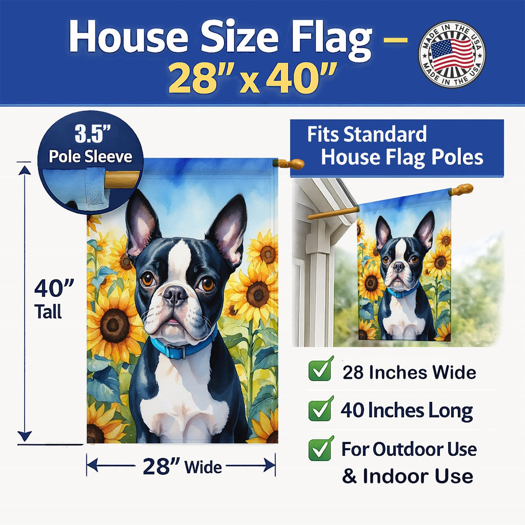 Boston Terrier in Sunflowers House Flag 28x40 Porch Sleeve Pole Decorative Outside Yard Banner Artwork Wall Hanging, Polyester