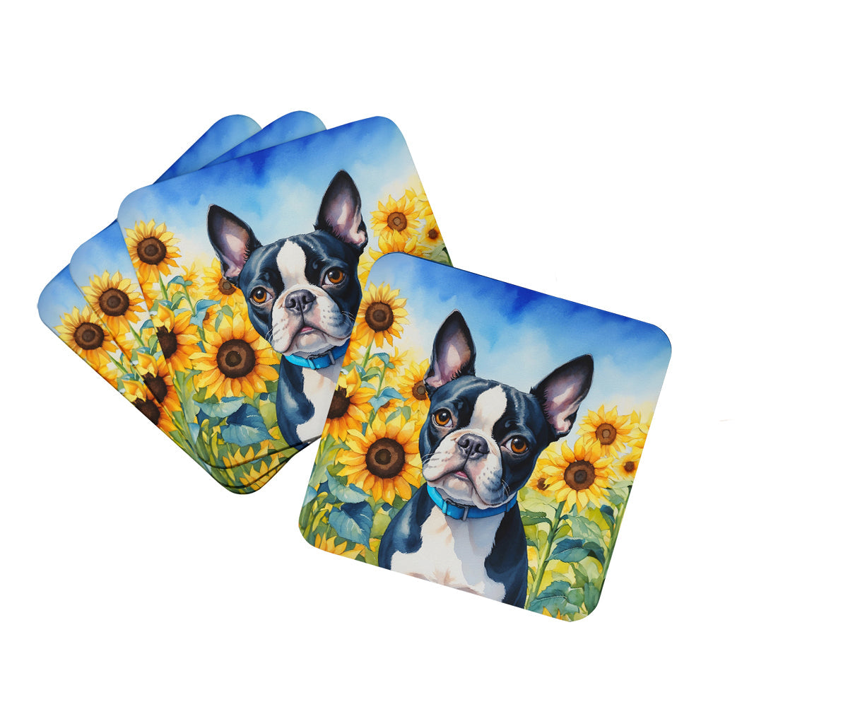 Boston Terrier in Sunflowers Foam Coasters Set of 4 Cup Coasters for Indoor Outdoor, Tabletop Protection, Anti Slip, Mouse pad Material