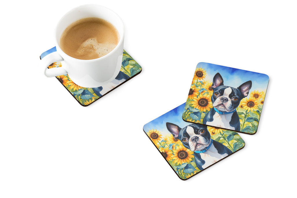 Boston Terrier in Sunflowers Foam Coasters Set of 4 Cup Coasters for Indoor Outdoor, Tabletop Protection, Anti Slip, Mouse pad Material