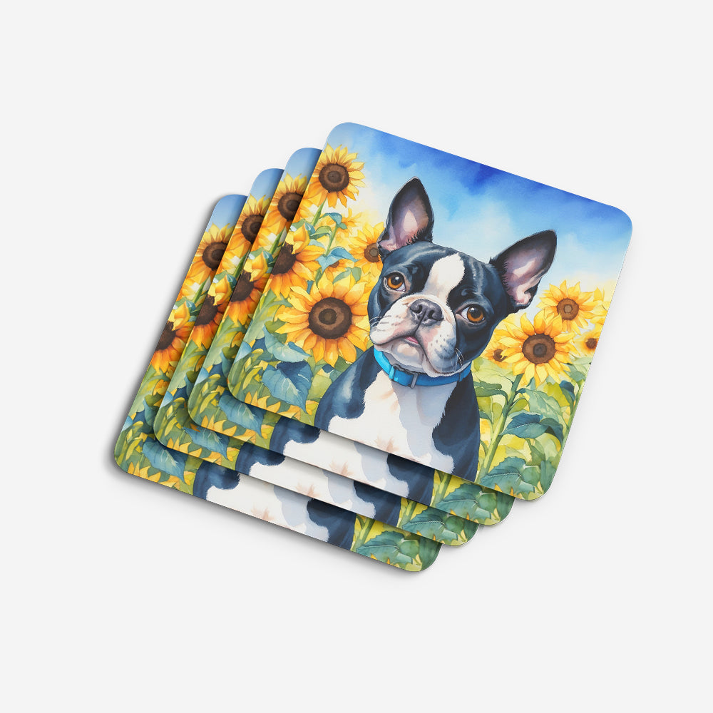 Boston Terrier in Sunflowers Foam Coasters Set of 4 Cup Coasters for Indoor Outdoor, Tabletop Protection, Anti Slip, Mouse pad Material