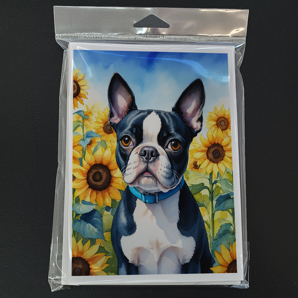 Boston Terrier in Sunflowers Greeting Cards Pack of 8 Blank Cards with Envelopes Whimsical A7 Size 5x7