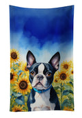 Boston Terrier in Sunflowers Kitchen Towel Velour Plush Front and Cotton Loop Back Machine Washable