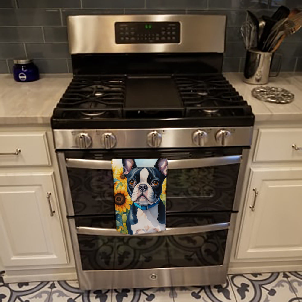 Boston Terrier in Sunflowers Kitchen Towel Velour Plush Front and Cotton Loop Back Machine Washable