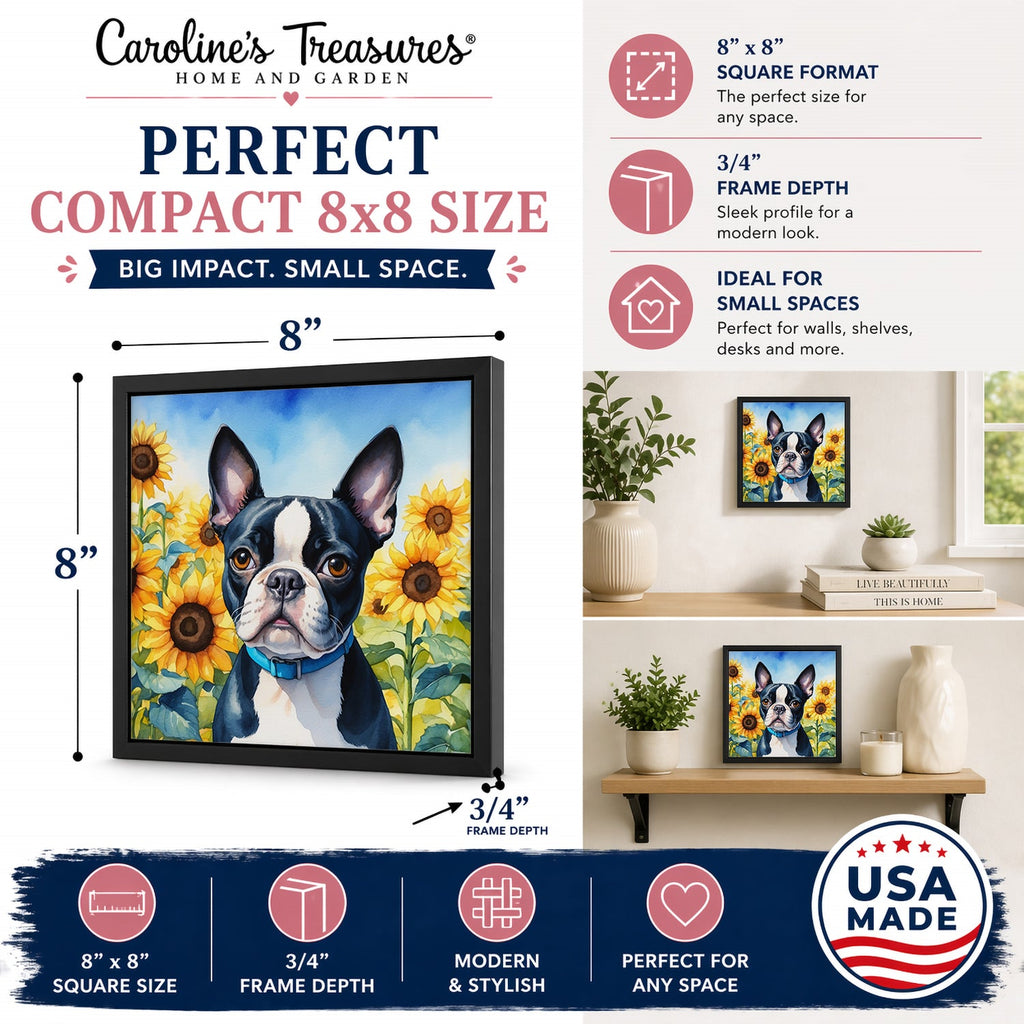 Boston Terrier in Sunflowers Framed Metal Print Bathroom, Kitchen, Office, Home Decor Wall Art Ready to Hang, Square, 8X8