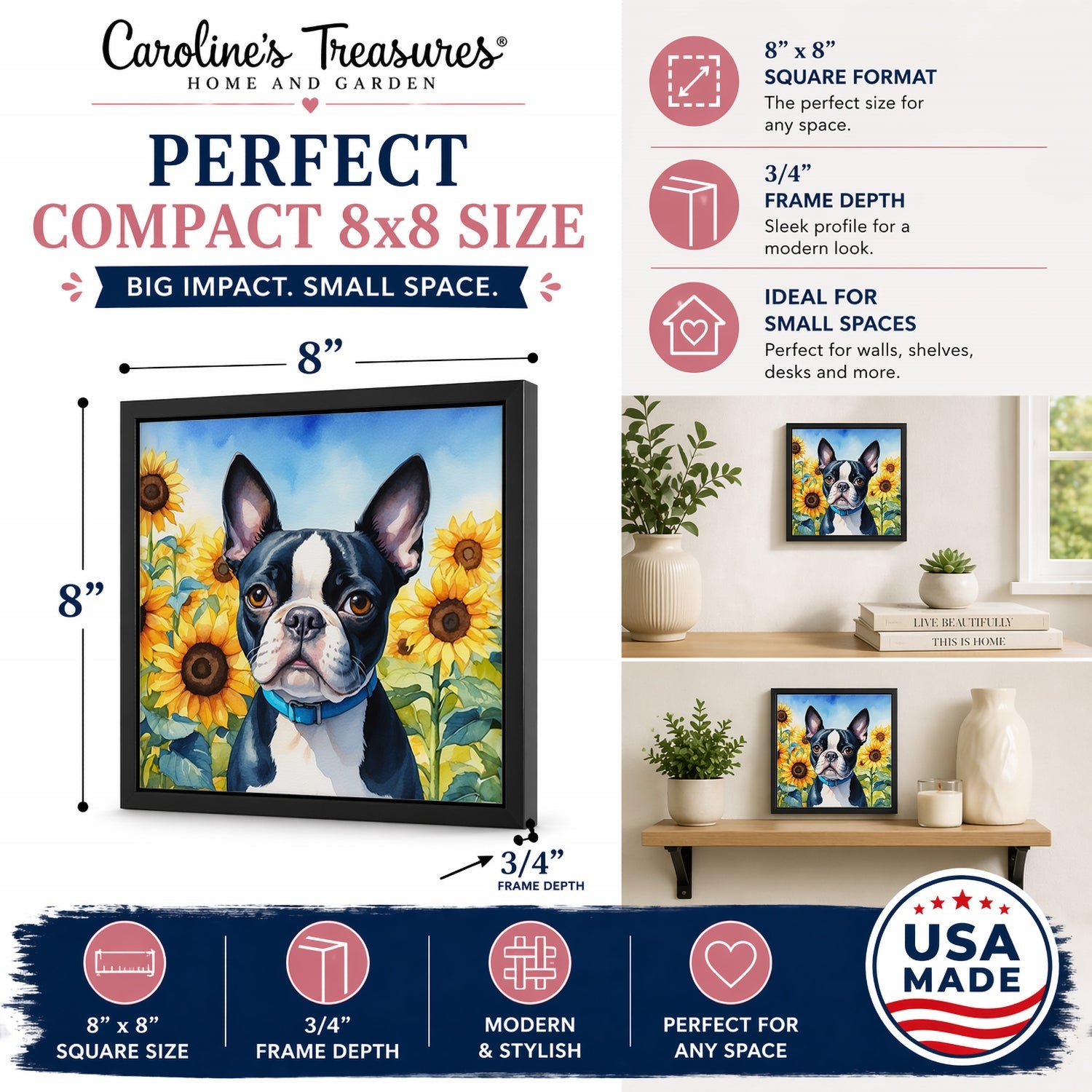 Boston Terrier in Sunflowers Framed Metal Print Bathroom, Kitchen, Office, Home Decor Wall Art Ready to Hang, Square, 8X8