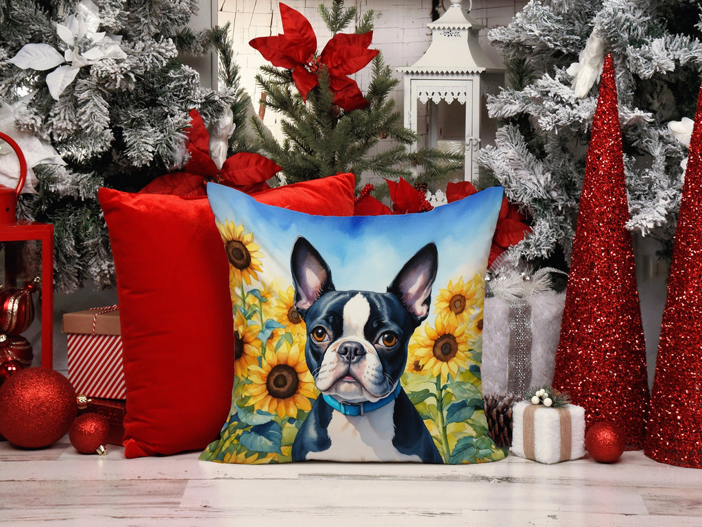 Boston Terrier in Sunflowers Decorative Throw Pillow 14x14 Indoor Outdoor Accent Cushion, Fabric Cover with Insert for Sofa, Bed, Porch & Living Room