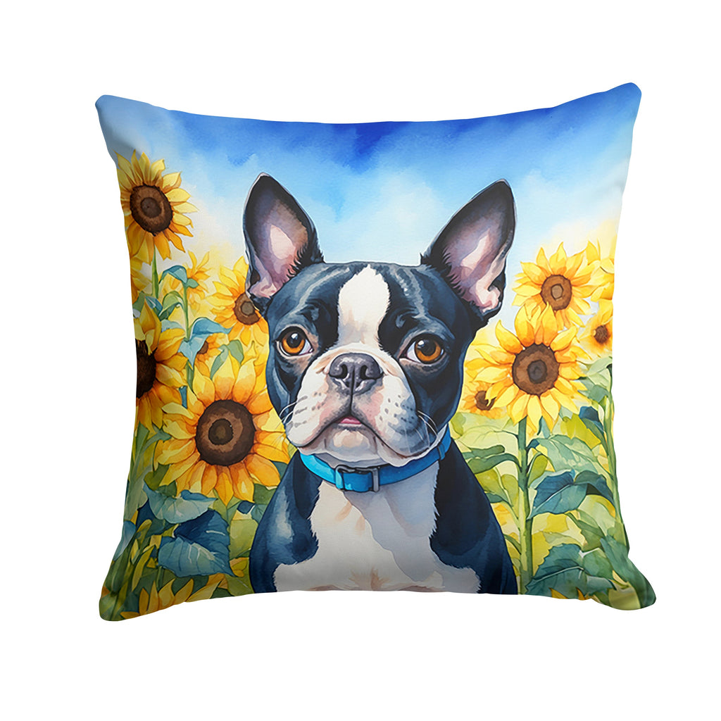 Boston Terrier in Sunflowers Decorative Throw Pillow 18x18 Indoor Outdoor Accent Cushion, Fabric Cover with Insert for Sofa, Bed, Porch & Living Room