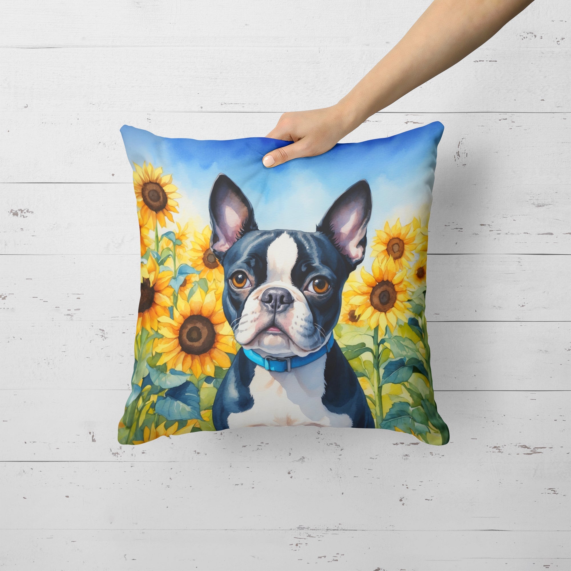 Boston Terrier in Sunflowers Decorative Throw Pillow 18x18 Indoor Outdoor Accent Cushion, Fabric Cover with Insert for Sofa, Bed, Porch & Living Room