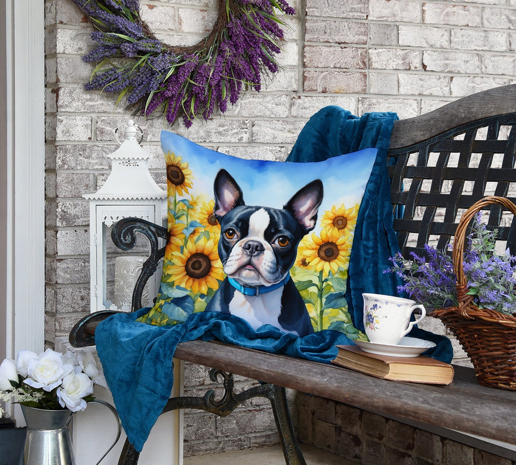 Boston Terrier in Sunflowers Decorative Throw Pillow 18x18 Indoor Outdoor Accent Cushion, Fabric Cover with Insert for Sofa, Bed, Porch & Living Room