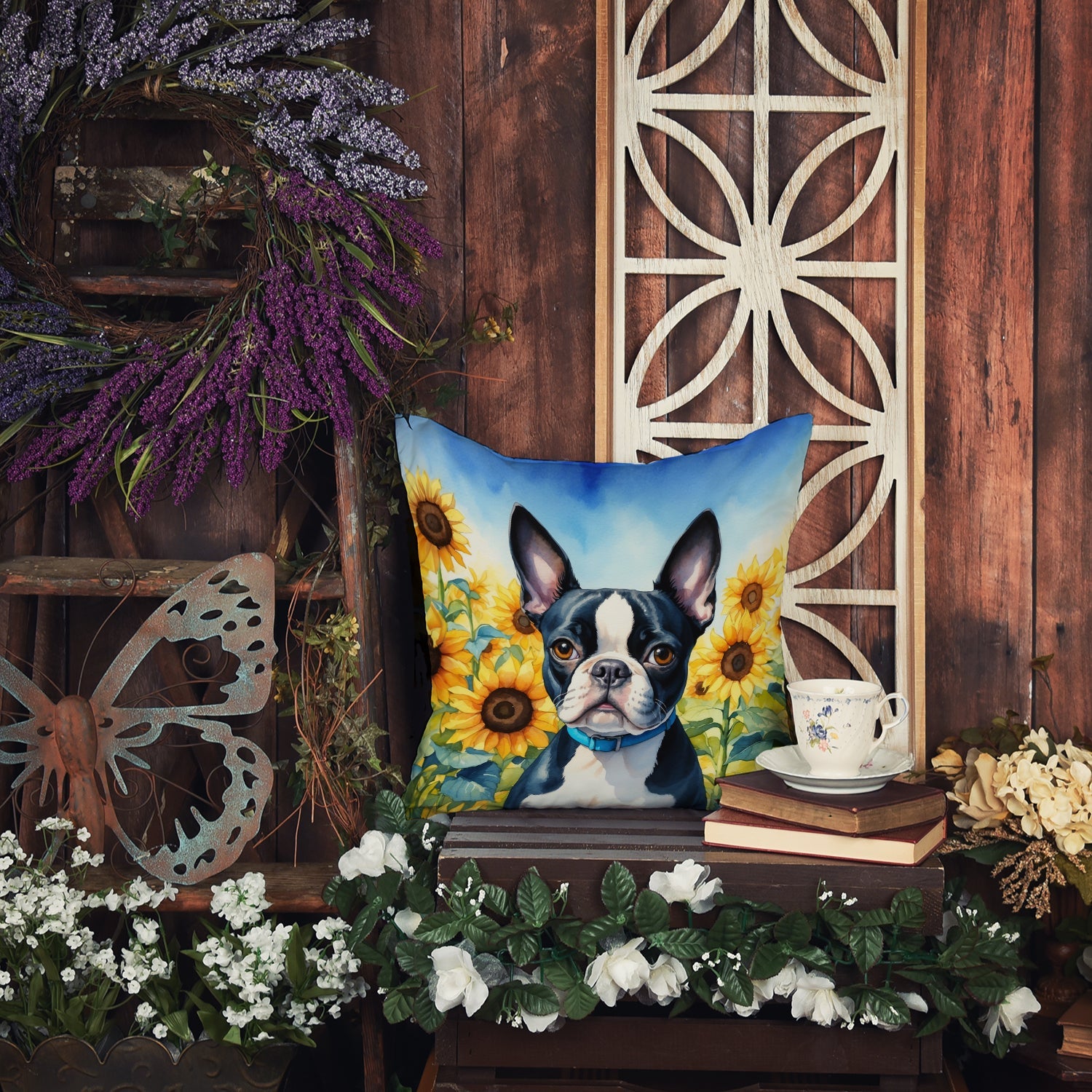 Boston Terrier in Sunflowers Decorative Throw Pillow 18x18 Indoor Outdoor Accent Cushion, Fabric Cover with Insert for Sofa, Bed, Porch & Living Room
