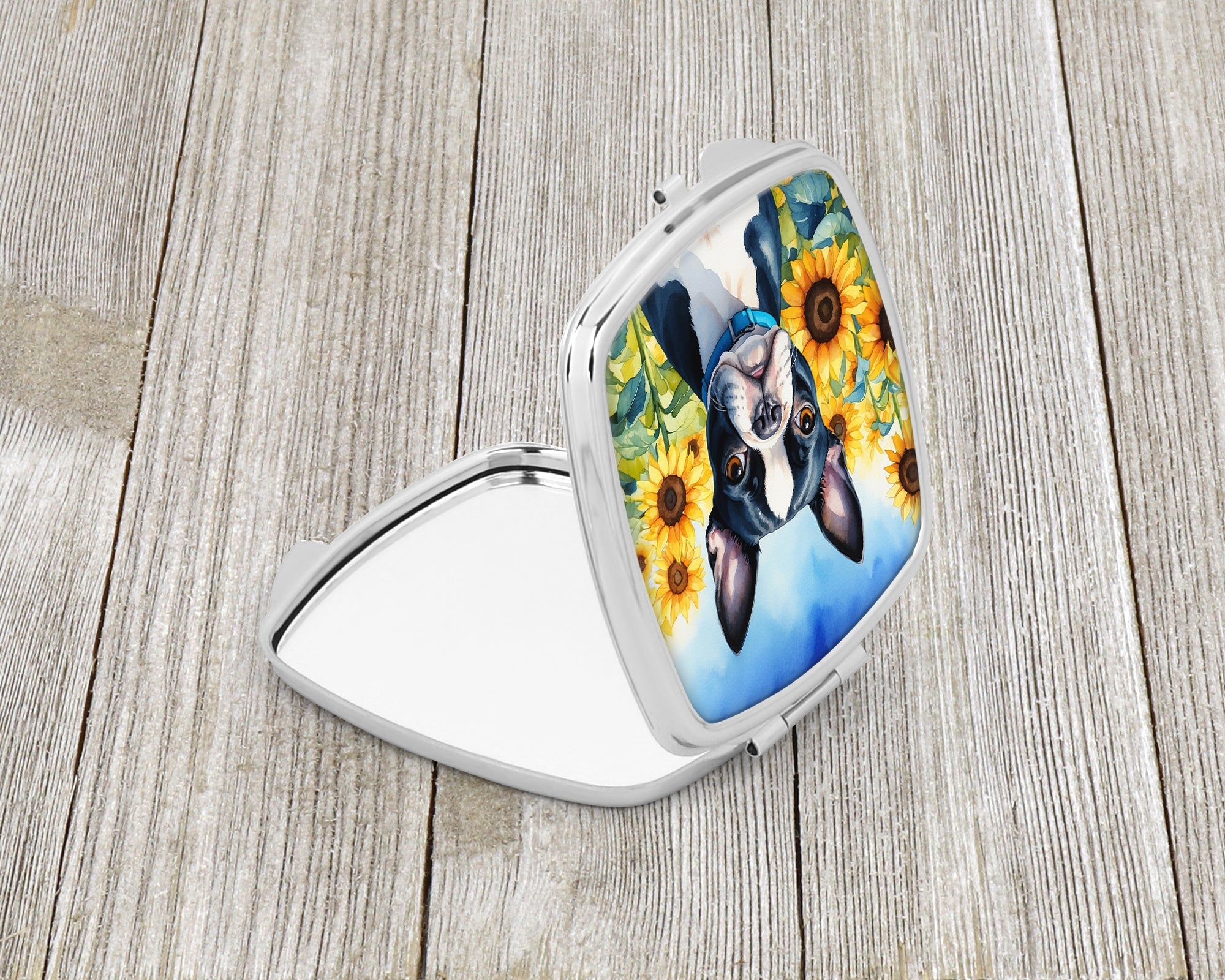 Boston Terrier in Sunflowers Compact Mirror Decorative Travel Makeup Mirror for Women Girls Gifts Pocket Makeup Mirror Folding Handheld