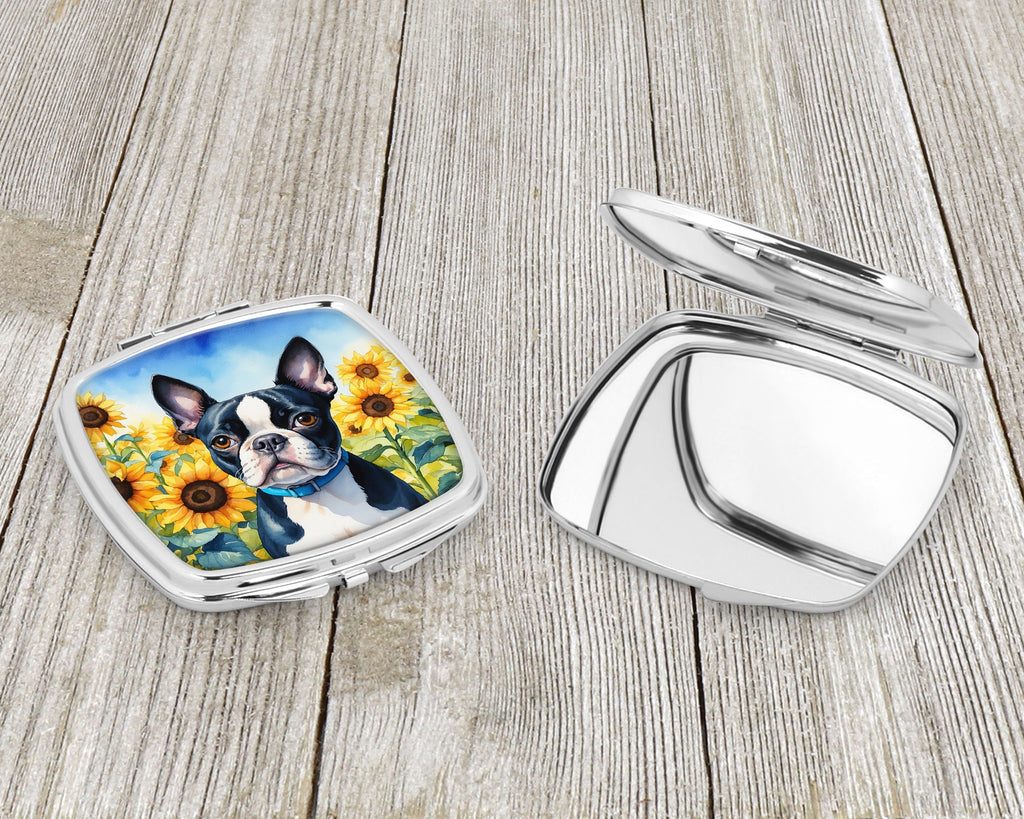 Boston Terrier in Sunflowers Compact Mirror Decorative Travel Makeup Mirror for Women Girls Gifts Pocket Makeup Mirror Folding Handheld