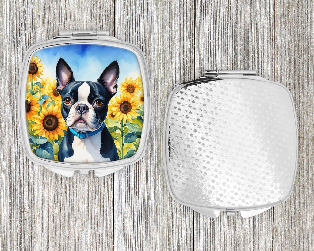 Boston Terrier in Sunflowers Compact Mirror Decorative Travel Makeup Mirror for Women Girls Gifts Pocket Makeup Mirror Folding Handheld