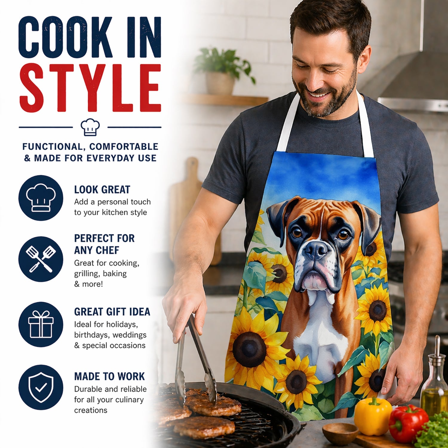 Boxer in Sunflowers Apron Cooking Kitchen Server Baking Crafts Gardening for Adult Women Men, Unisex, Large, Multicolor