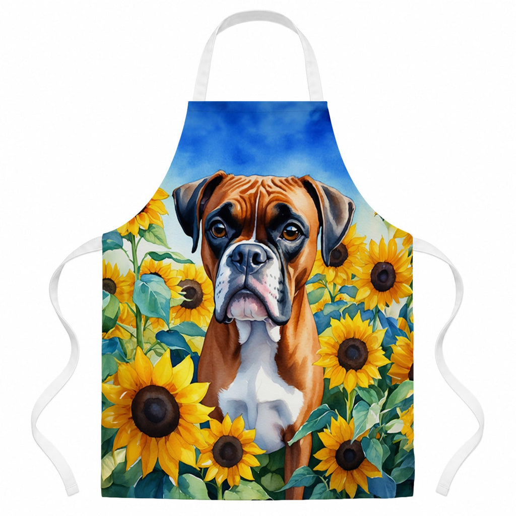 Boxer in Sunflowers Apron Cooking Kitchen Server Baking Crafts Gardening for Adult Women Men, Unisex, Large, Multicolor