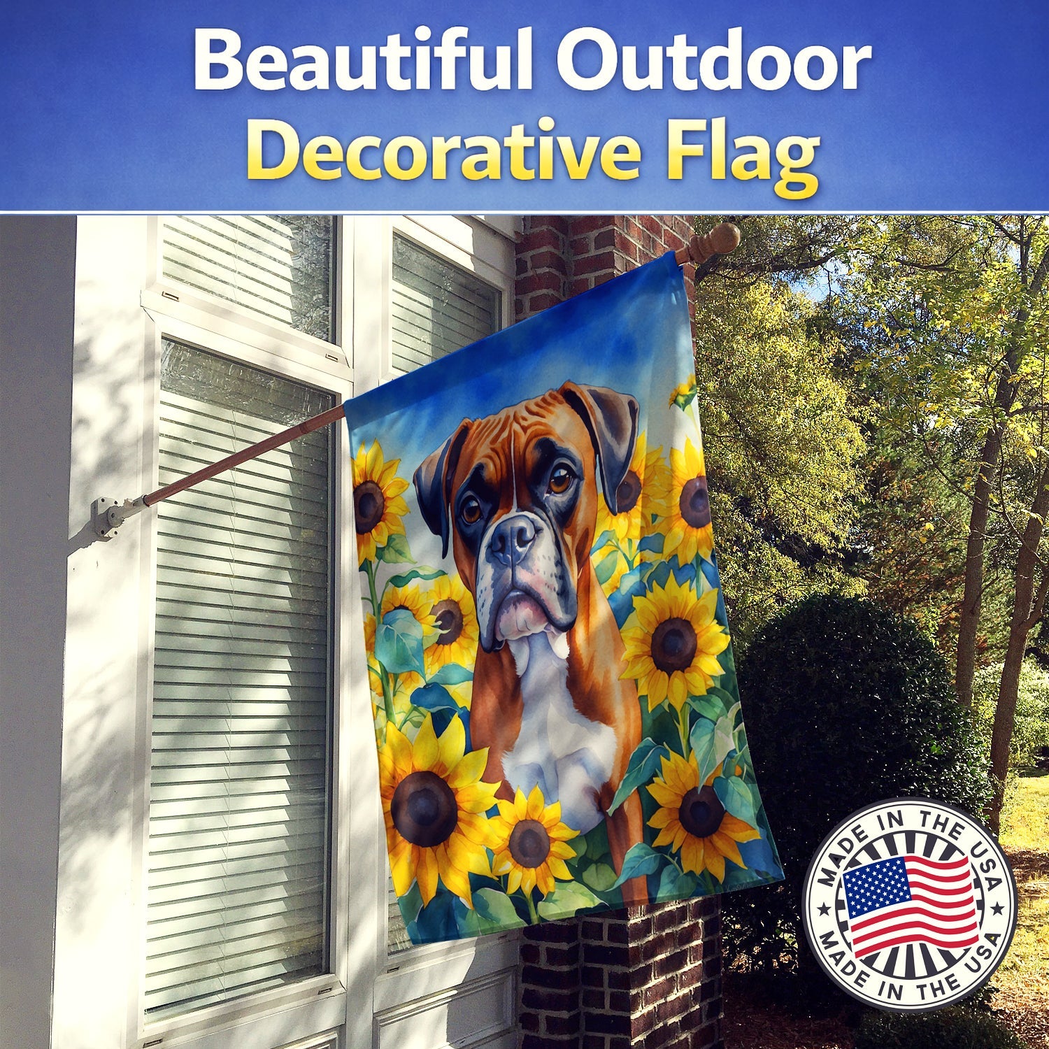 Boxer in Sunflowers House Flag 28x40 Porch Sleeve Pole Decorative Outside Yard Banner Artwork Wall Hanging, Polyester
