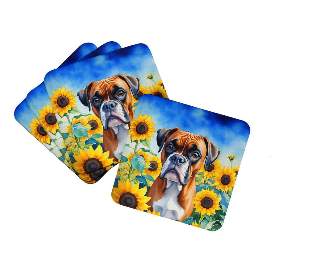 Boxer in Sunflowers Foam Coasters Set of 4 Cup Coasters for Indoor Outdoor, Tabletop Protection, Anti Slip, Mouse pad Material