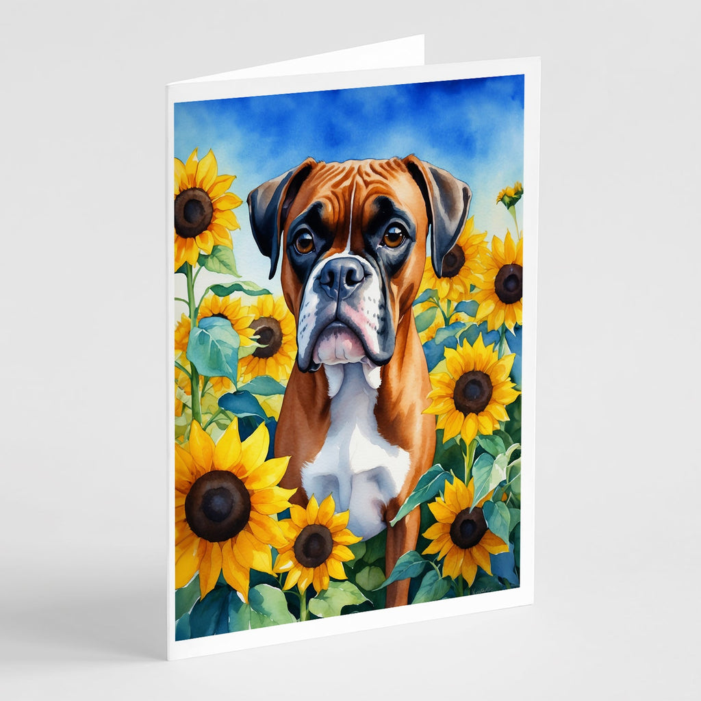 Boxer in Sunflowers Greeting Cards Pack of 8 Blank Cards with Envelopes Whimsical A7 Size 5x7