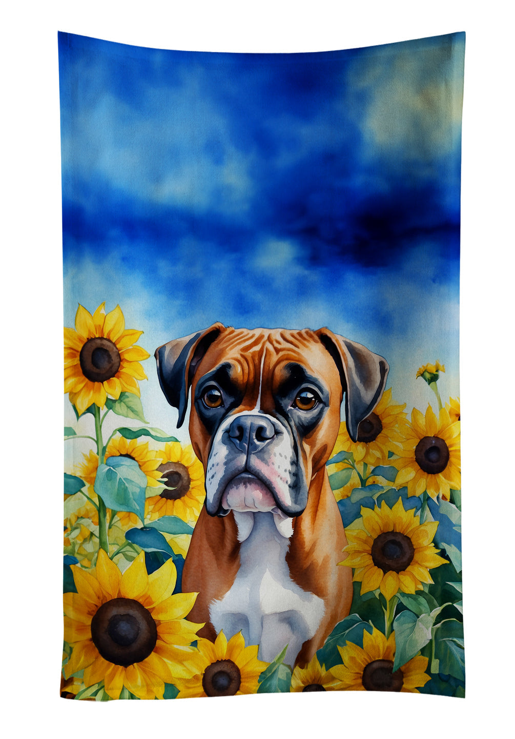 Boxer in Sunflowers Kitchen Towel Velour Plush Front and Cotton Loop Back Machine Washable