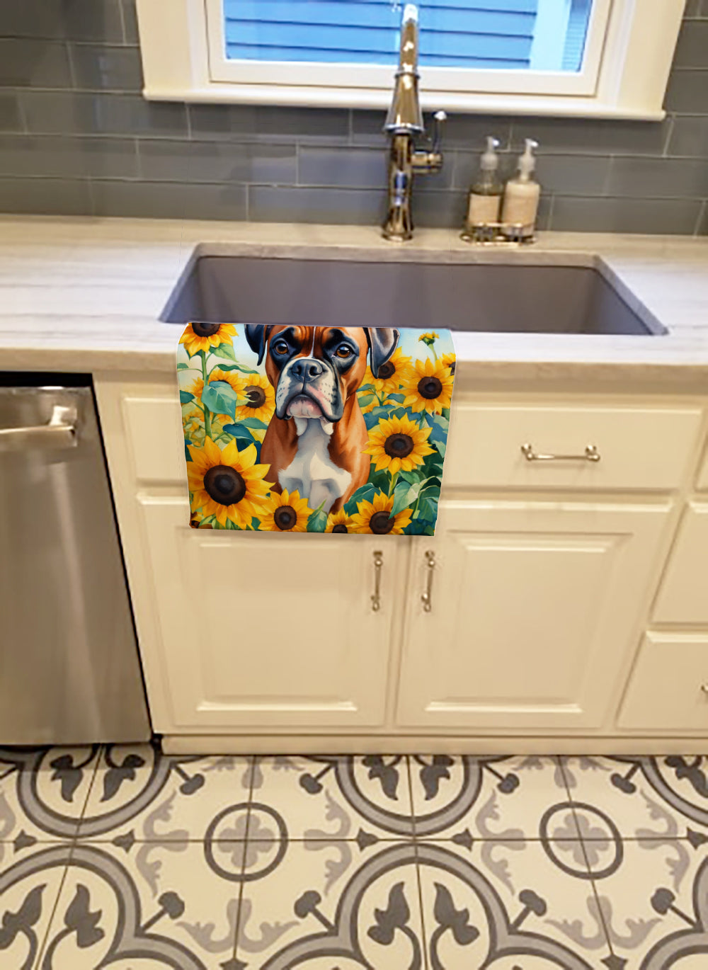 Boxer in Sunflowers Kitchen Towel Velour Plush Front and Cotton Loop Back Machine Washable