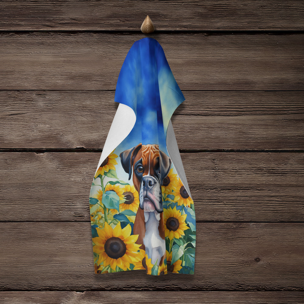 Boxer in Sunflowers Kitchen Towel Velour Plush Front and Cotton Loop Back Machine Washable
