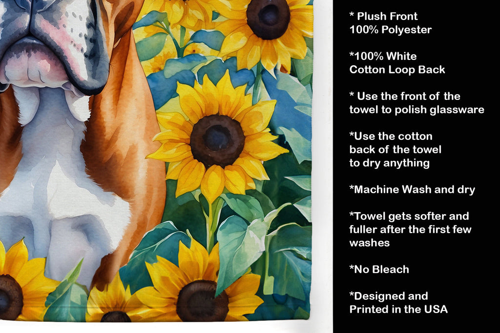 Boxer in Sunflowers Kitchen Towel Velour Plush Front and Cotton Loop Back Machine Washable