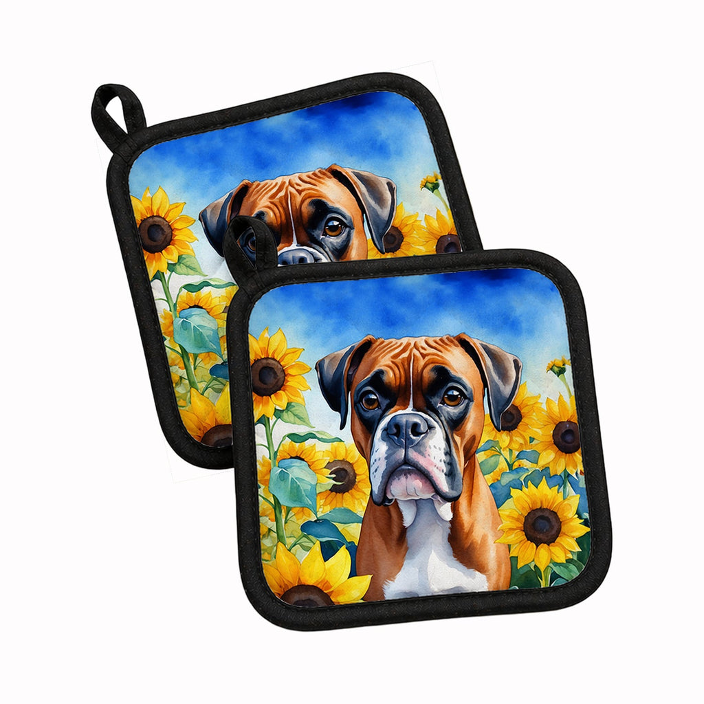 Boxer in Sunflowers Pot Holder Set of 2 Heat Resistant Quilted Hot Pads 7.5 x 7.5 Inch, Insulated Kitchen Trivets for Cooking & Baking