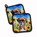 Boxer in Sunflowers Pot Holder Set of 2 Heat Resistant Quilted Hot Pads 7.5 x 7.5 Inch, Insulated Kitchen Trivets for Cooking & Baking