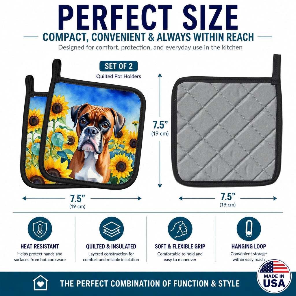 Boxer in Sunflowers Pot Holder Set of 2 Heat Resistant Quilted Hot Pads 7.5 x 7.5 Inch, Insulated Kitchen Trivets for Cooking & Baking