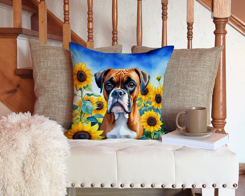 Boxer in Sunflowers Decorative Throw Pillow 14x14 Indoor Outdoor Accent Cushion, Fabric Cover with Insert for Sofa, Bed, Porch & Living Room