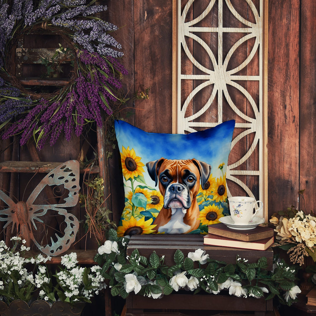 Boxer in Sunflowers Decorative Throw Pillow 14x14 Indoor Outdoor Accent Cushion, Fabric Cover with Insert for Sofa, Bed, Porch & Living Room