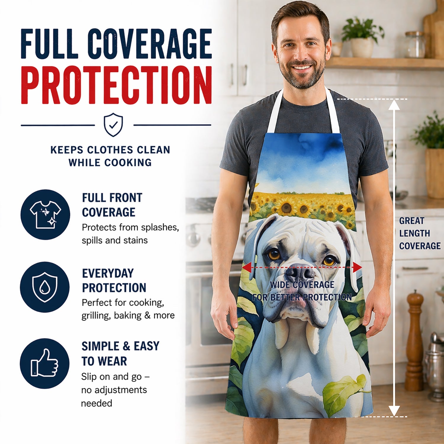 Boxer in Sunflowers Apron Cooking Kitchen Server Baking Crafts Gardening for Adult Women Men, Unisex, Large, Multicolor