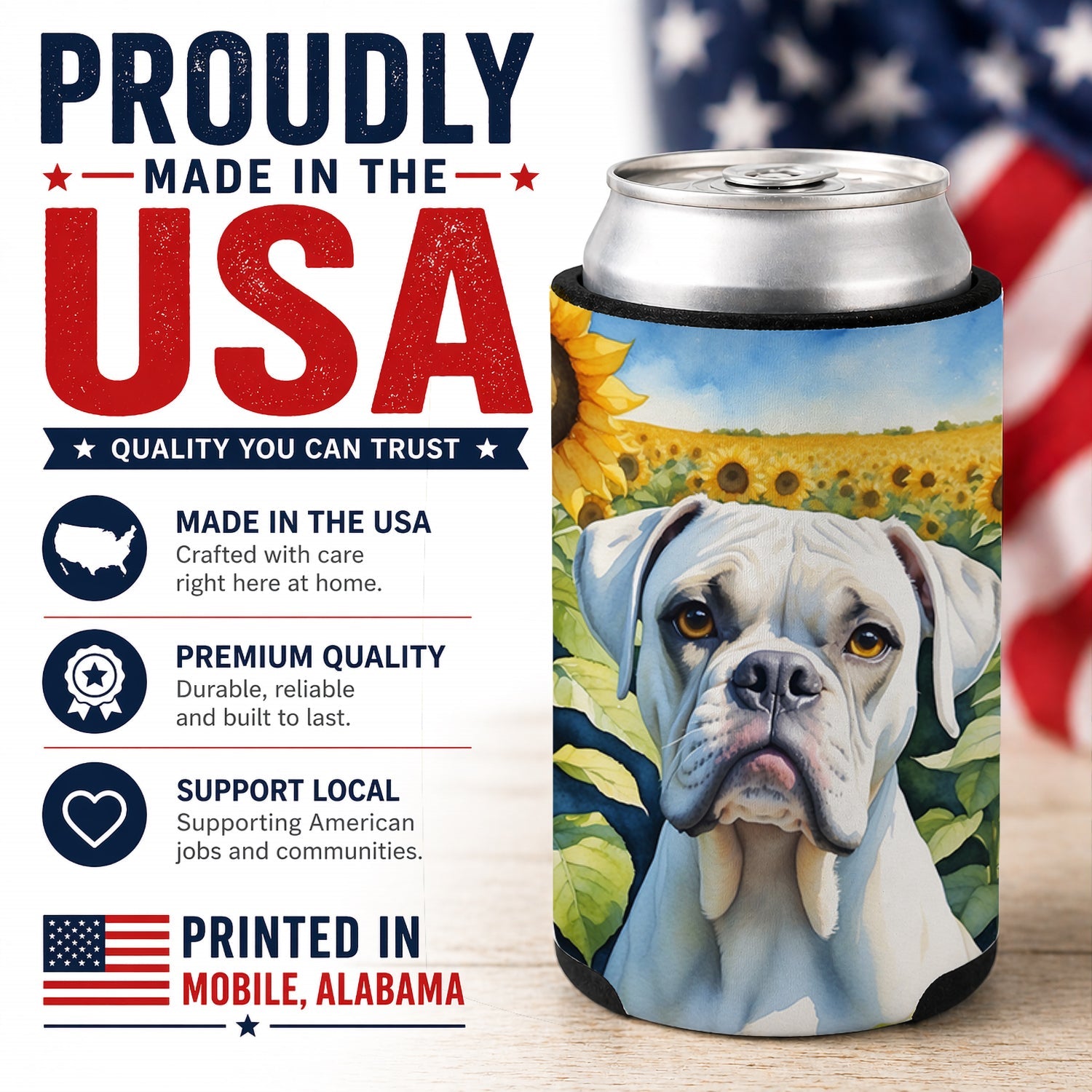 Boxer in Sunflowers Can or Bottle Hugger Cooler Sleeve for Standard 12 oz Cans, Insulated Foam Beer & Soda Can Hugger Reusable