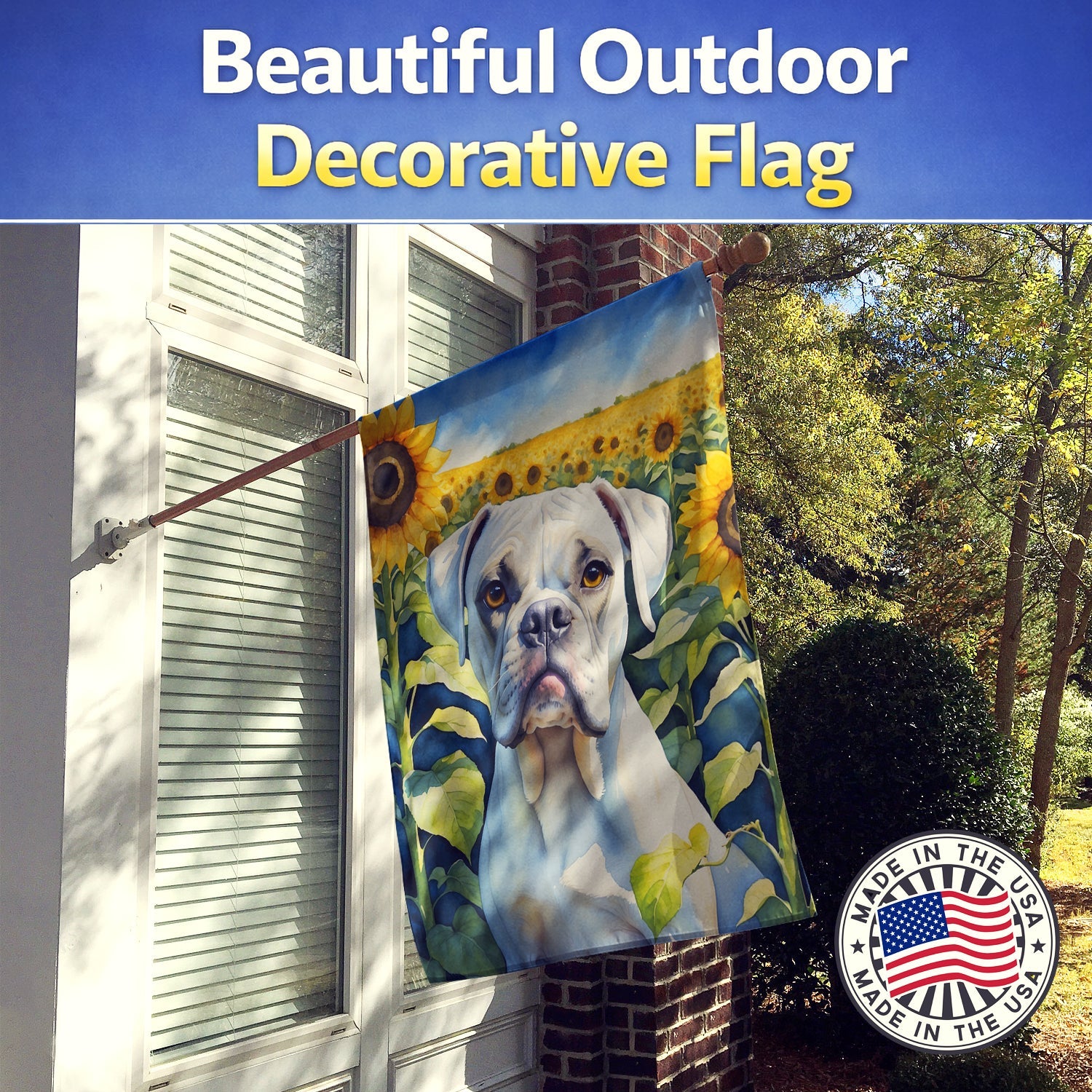 Boxer in Sunflowers House Flag 28x40 Porch Sleeve Pole Decorative Outside Yard Banner Artwork Wall Hanging, Polyester