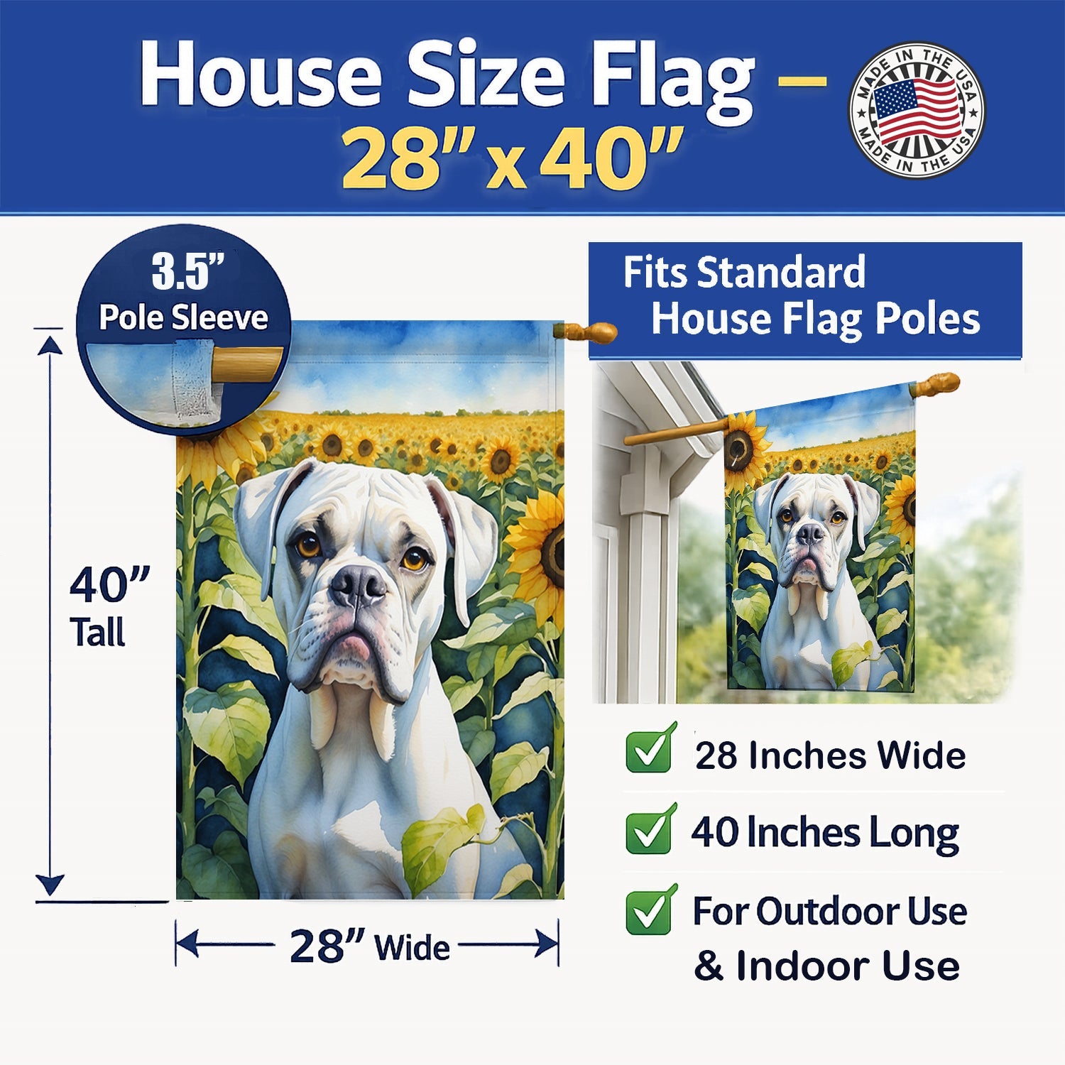 Boxer in Sunflowers House Flag 28x40 Porch Sleeve Pole Decorative Outside Yard Banner Artwork Wall Hanging, Polyester