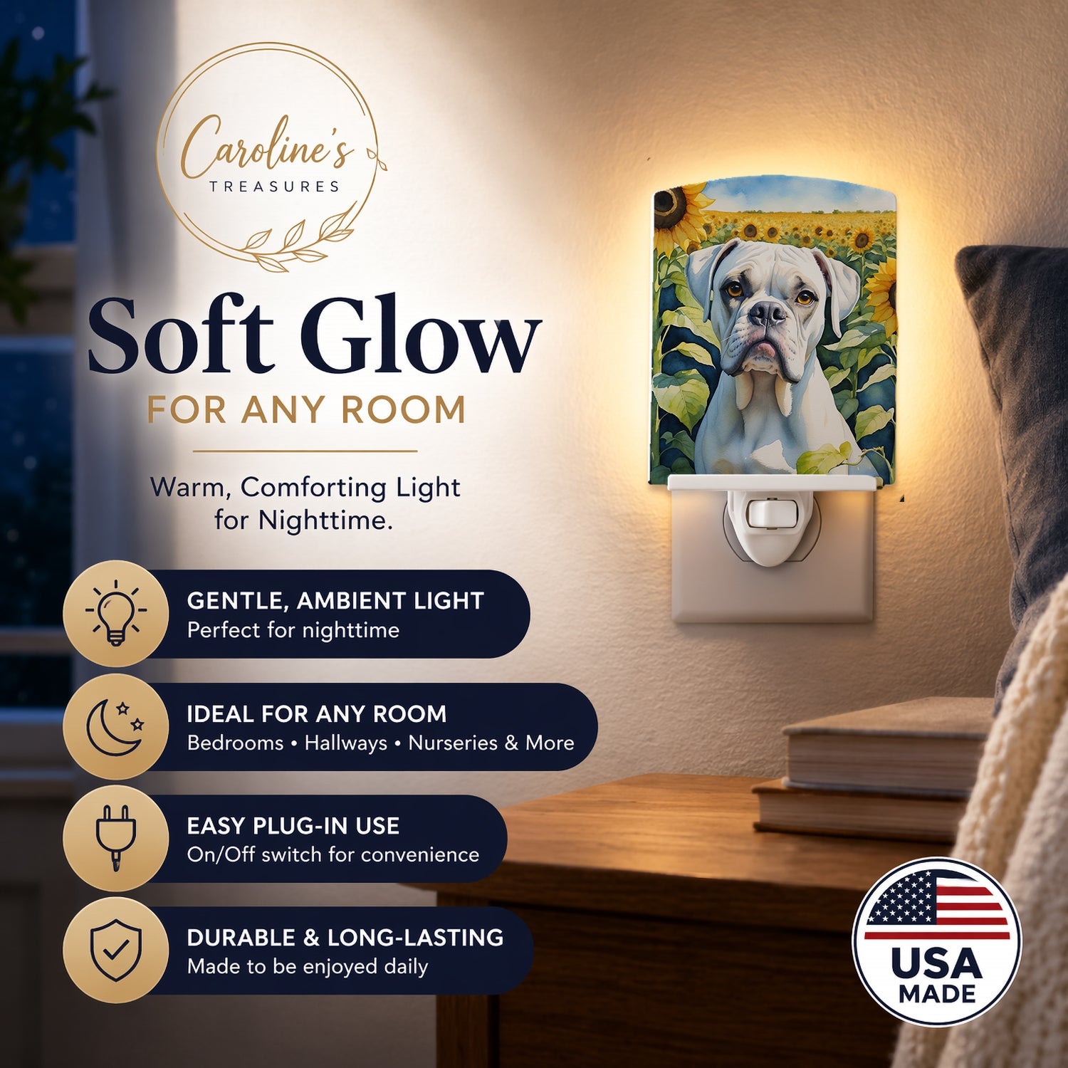 Boxer in Sunflowers Ceramic Night Light Compact, UL-Certified, Ideal for Bedroom, Bathroom, Nursery, Hallway, Kitchen, 6x4x3, Multicolor