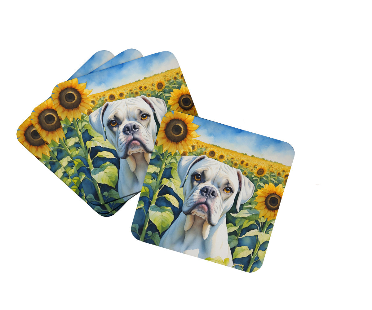 Boxer in Sunflowers Foam Coasters Set of 4 Cup Coasters for Indoor Outdoor, Tabletop Protection, Anti Slip, Mouse pad Material