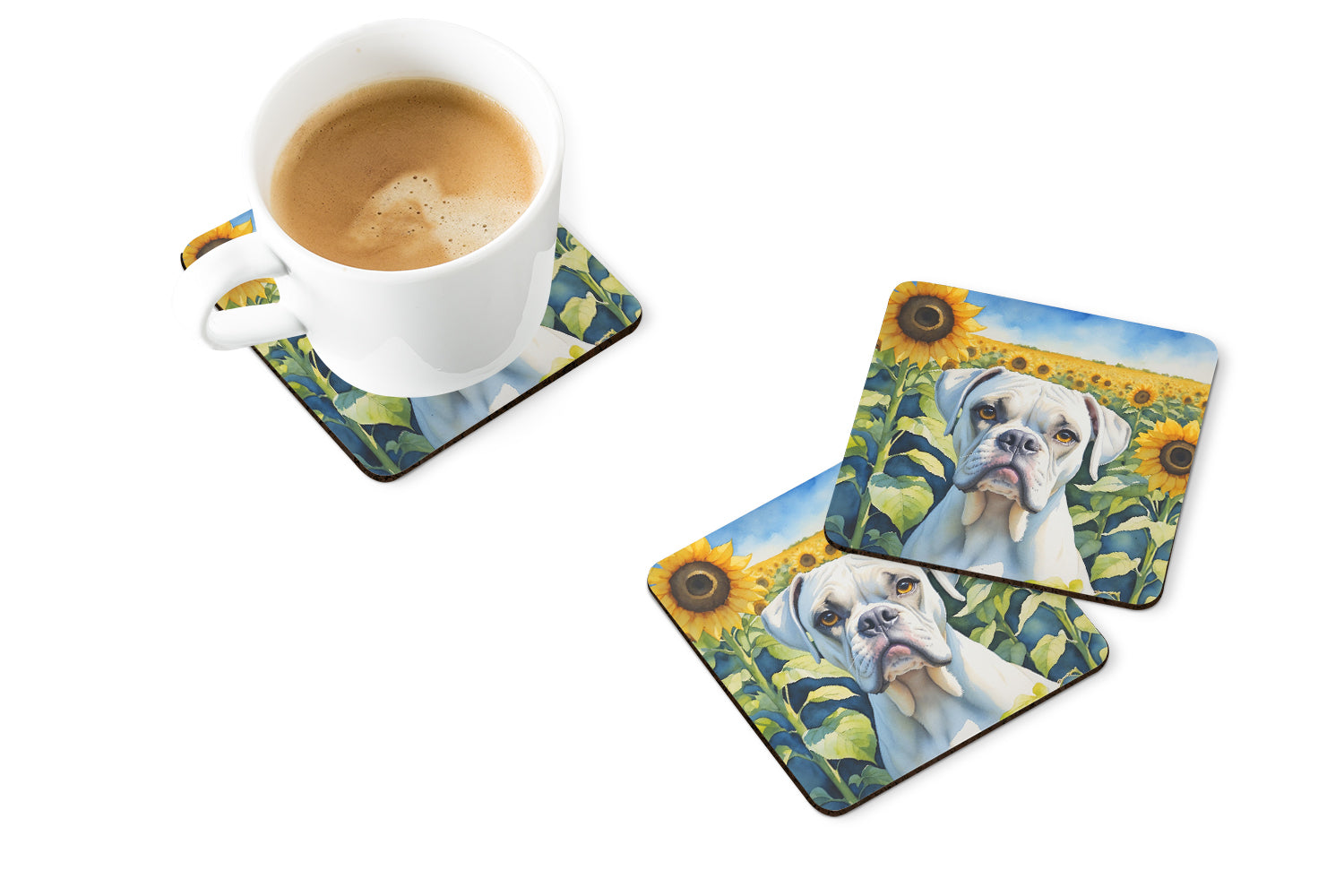 Boxer in Sunflowers Foam Coasters Set of 4 Cup Coasters for Indoor Outdoor, Tabletop Protection, Anti Slip, Mouse pad Material