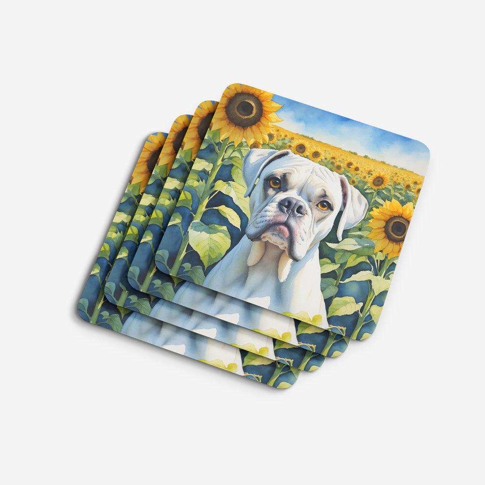 Boxer in Sunflowers Foam Coasters Set of 4 Cup Coasters for Indoor Outdoor, Tabletop Protection, Anti Slip, Mouse pad Material
