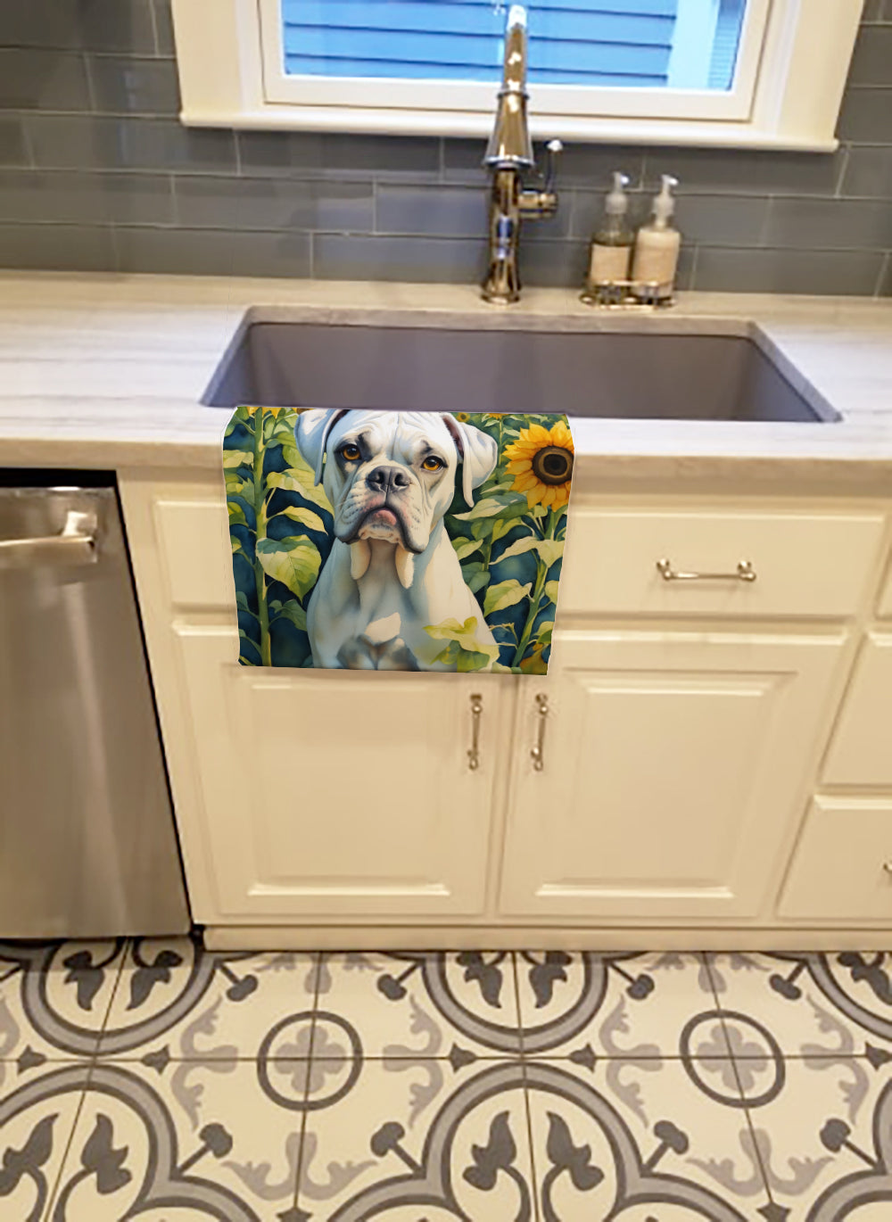 Boxer in Sunflowers Kitchen Towel Velour Plush Front and Cotton Loop Back Machine Washable