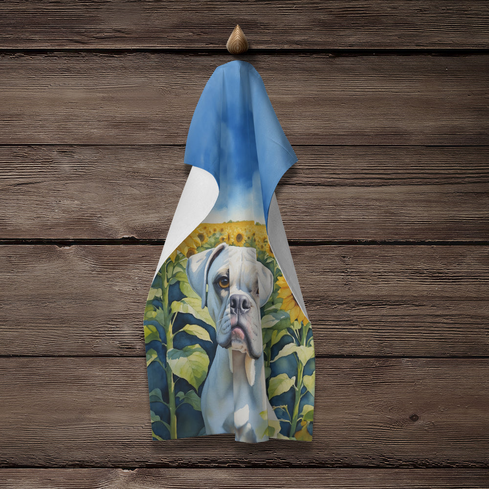 Boxer in Sunflowers Kitchen Towel Velour Plush Front and Cotton Loop Back Machine Washable