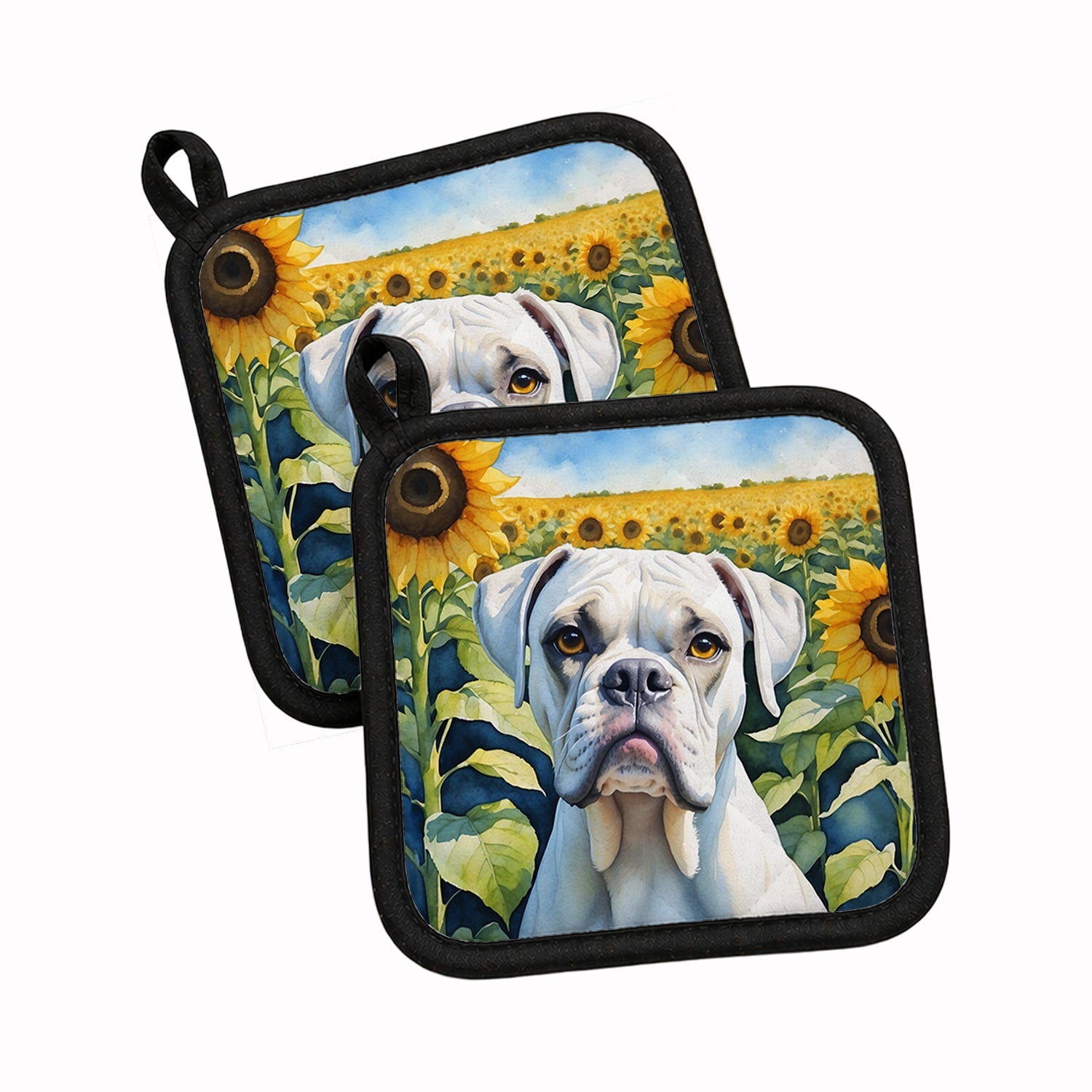 Boxer in Sunflowers Pot Holder Set of 2 Heat Resistant Quilted Hot Pads 7.5 x 7.5 Inch, Insulated Kitchen Trivets for Cooking & Baking