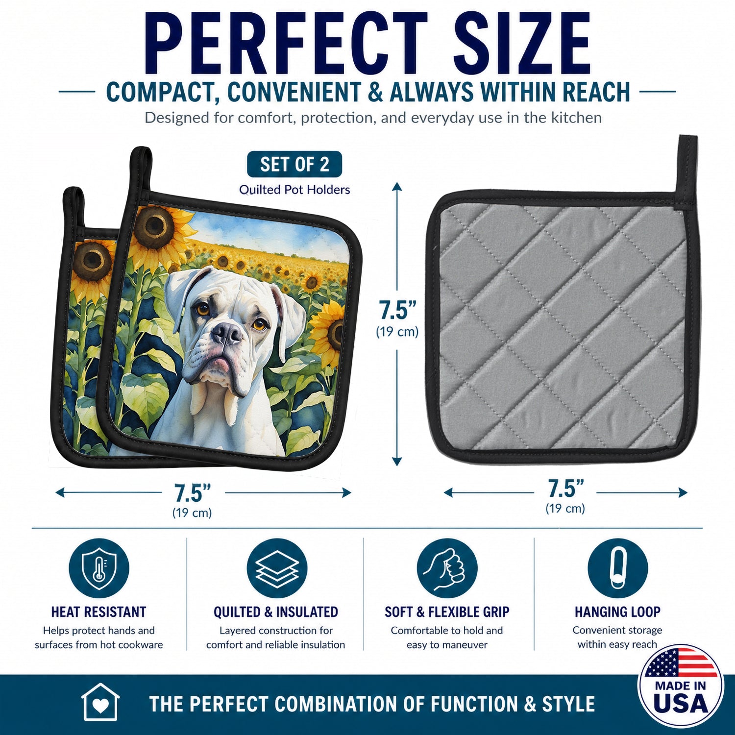 Boxer in Sunflowers Pot Holder Set of 2 Heat Resistant Quilted Hot Pads 7.5 x 7.5 Inch, Insulated Kitchen Trivets for Cooking & Baking