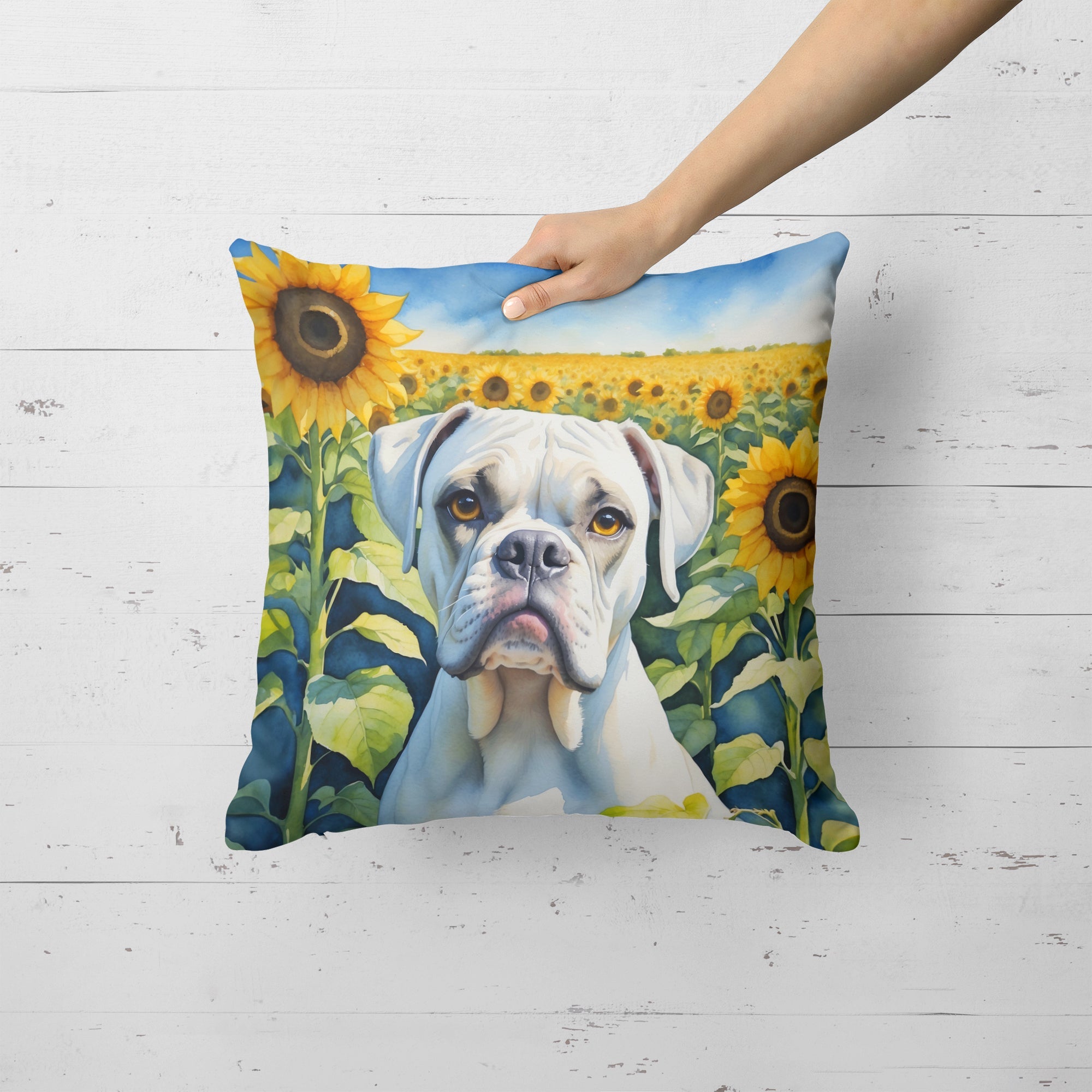 Boxer in Sunflowers Decorative Throw Pillow 18x18 Indoor Outdoor Accent Cushion, Fabric Cover with Insert for Sofa, Bed, Porch & Living Room