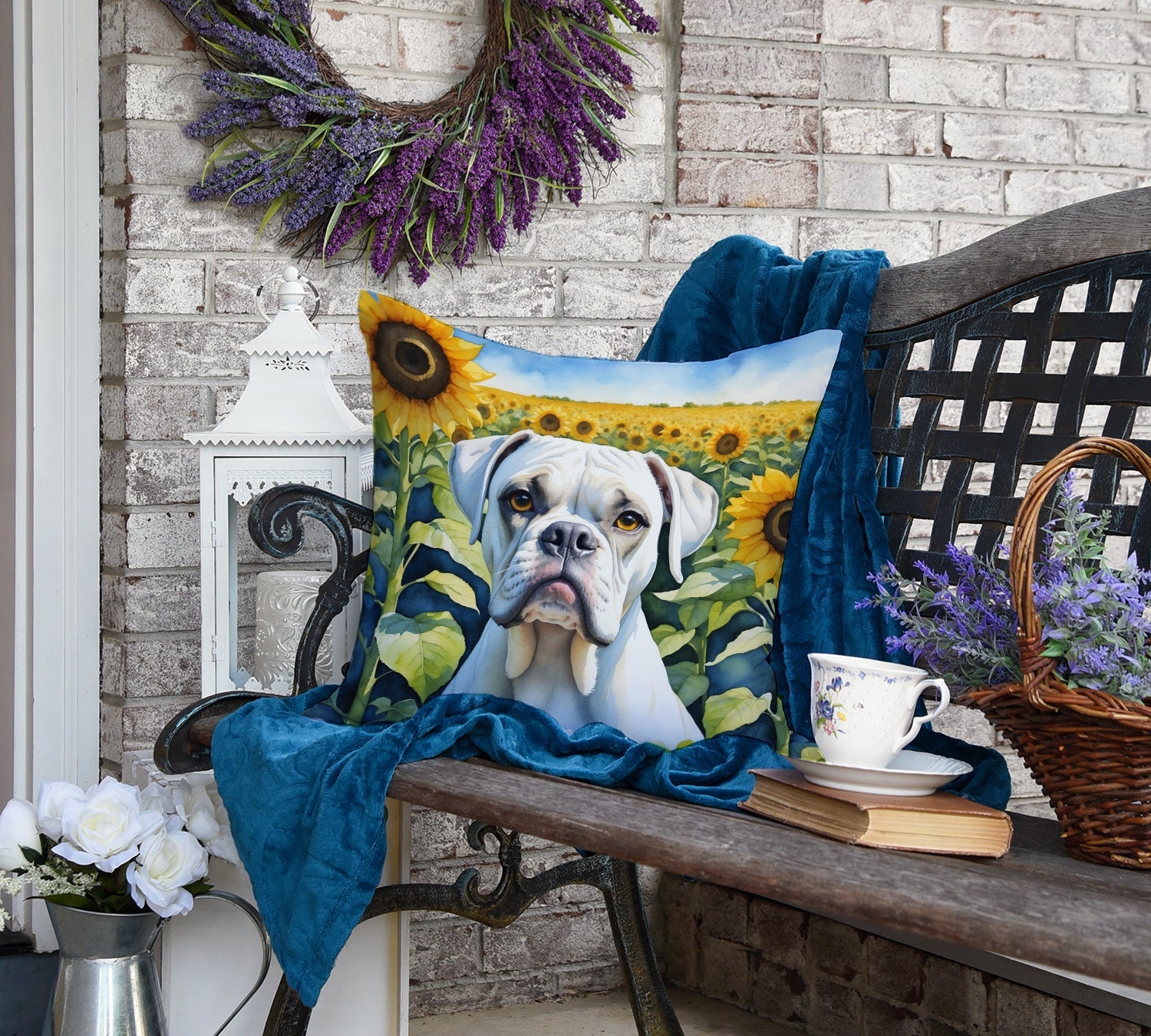 Boxer in Sunflowers Decorative Throw Pillow 18x18 Indoor Outdoor Accent Cushion, Fabric Cover with Insert for Sofa, Bed, Porch & Living Room